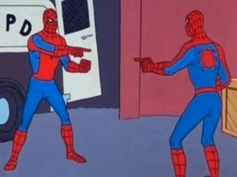 Two Spider-Men pointing at each other